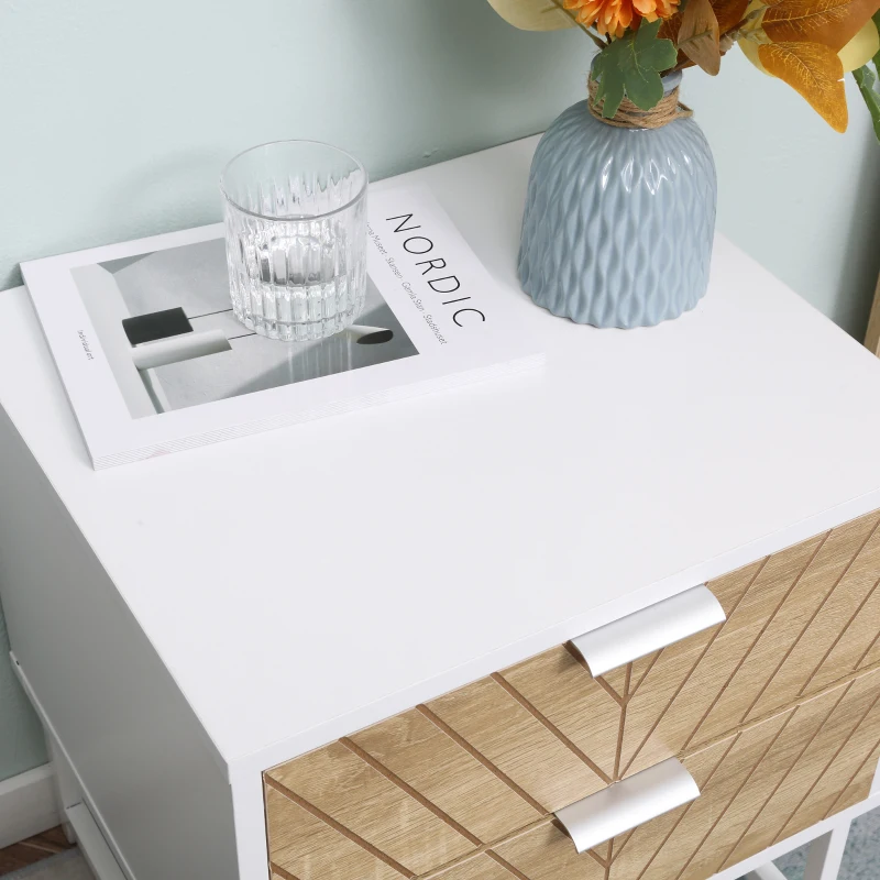 HOMCOM Mesita de Noche con 2 Cajones con Patas de Acero Mesilla Auxiliar para Salón Dormitorio 45x39x48cm Blanco y Roble