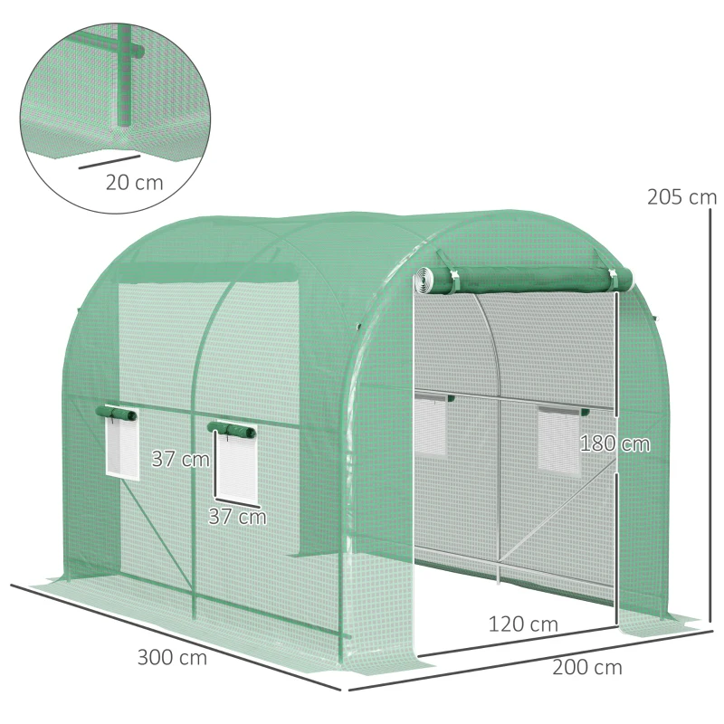 Outsunny Estufa de Jardim Túnel Área ao Solo 6 m² estrutura Tubular Reforçada Porta com Zíper 4 Janelas Enroláveis Verde