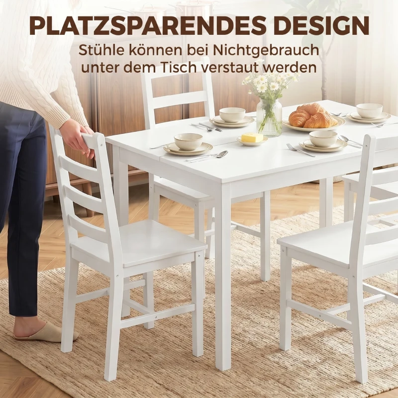 HOMCOM 5-delige Eethoek voor 4 Personen, Rechthoekige Eettafel en Stoelen van Massief Hout, Compact, Wit