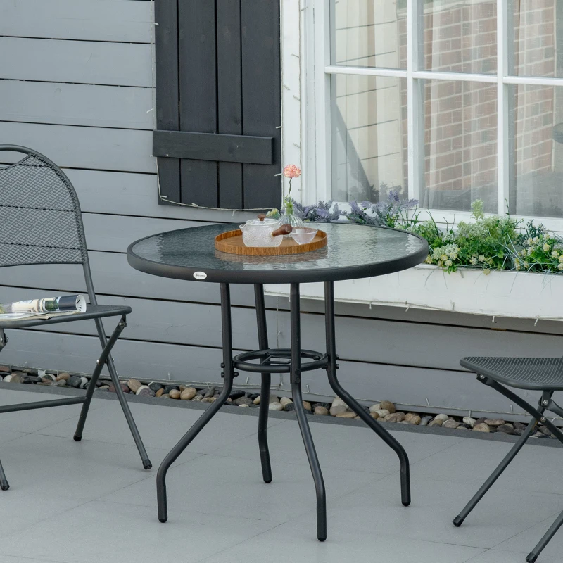 Outsunny Tavolo da Giardino Rotondo con Foro per Ombrellone e Piano in Vetro, in Metallo, Ø80x72 cm, Nero