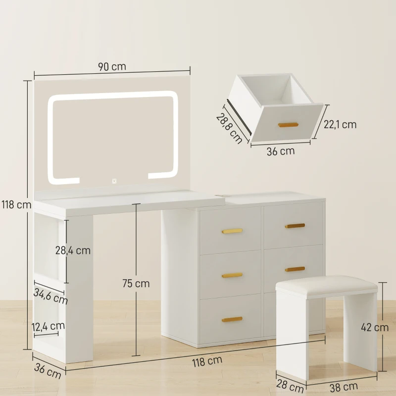 HOMCOM Penteadeira com espelho e banqueta, mesa de maquiagem com iluminação LED regulável, 6 gavetas, 118 x 78 x 135 cm, branco