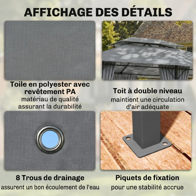 Outsunny Tonnelle barnum pavillon de jardin style colonial double toit toiles latérales amovibles 3L x 4l x 2,8H m gris