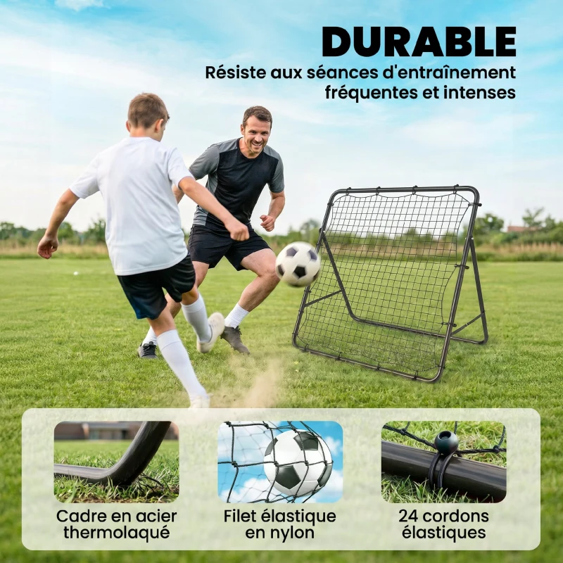 SPORTNOW Filet de Rebond Pliable Réglable à 5 Angles avec 24 Cordes Élastiques Filet pour Football, Acier, 120x73x112cm, Noir