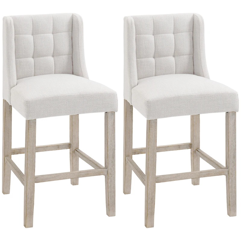 HOMCOM Set of 2 Bar Stools with Button Tufting, Solid Wood, incl. Footrest, 47 cm x 50 cm x 101 cm, Gray + Natural