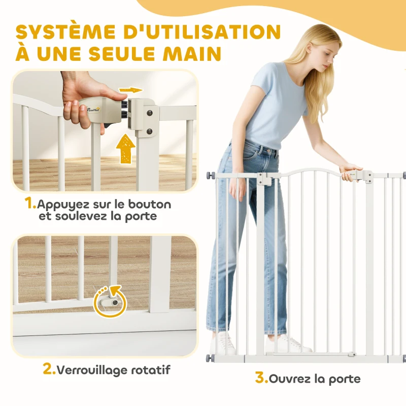 PawHut Barrière de sécurité pour chien extensible 74-100 cm fermeture automatique fixation par pression sans percer blanc