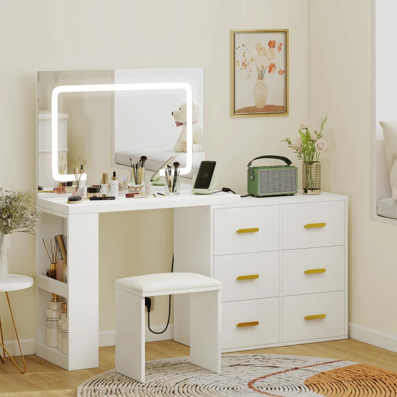 HOMCOM Penteadeira com espelho e banqueta, mesa de maquiagem com iluminação LED regulável, 6 gavetas, 118 x 78 x 135 cm, branco