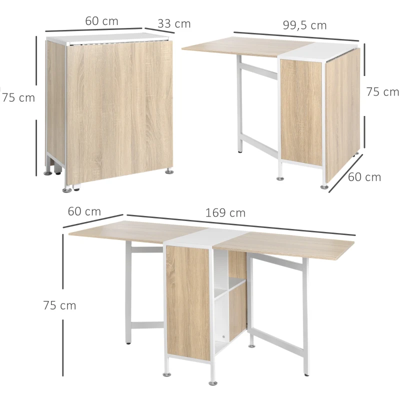 HOMCOM Mesa Plegable de Comedor, Mesa de Cocina Plegable, con Alas Abatibles, 4 Compartimentos, 3 Formas, Hasta 4 Personas, para Salón, Espacio Pequeño, 169x60x75 cm, Roble y Blanco