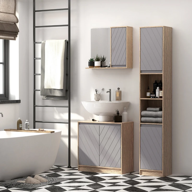 HOMCOM Mueble para Debajo del Lavabo Armario de Baño de Suelo con Puerta Doble y Estante Ajustable 60x30x59,8 cm Roble y Gris