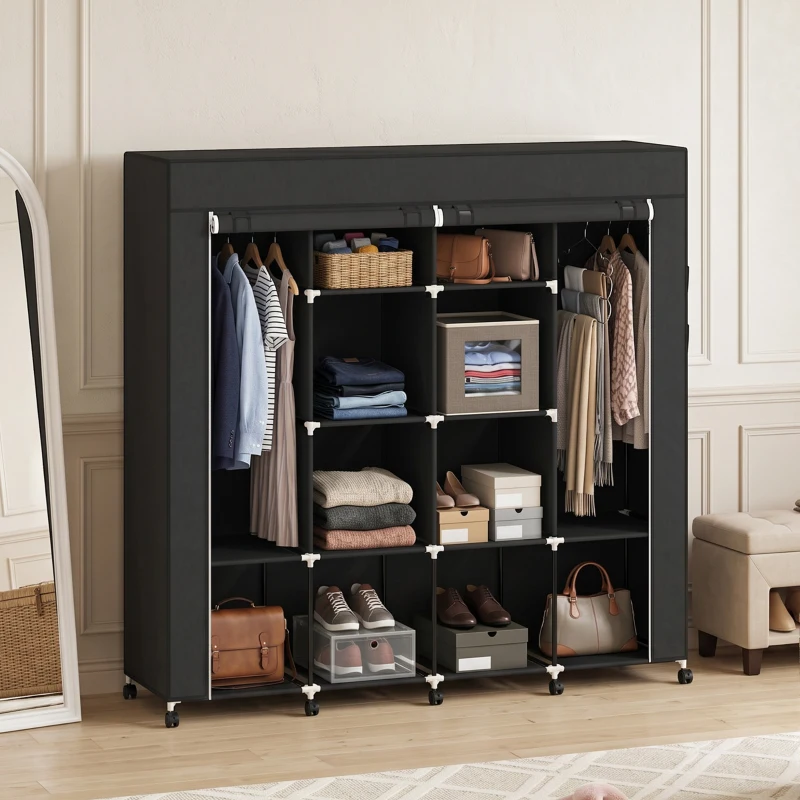 HOMCOM Armoire penderie en tissu, meuble de rangement mobile 10 roulettes avec 10 compartiments, barres de suspension, noir