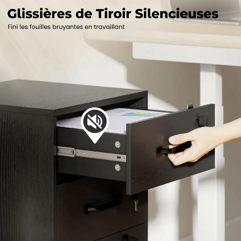 HOMCOM Caisson de Bureau Mobile avec 3 Tiroirs Verrouillables, Caisson de Rangement sur Roulettes, 40 x 40 x 69,5 cm, Noir