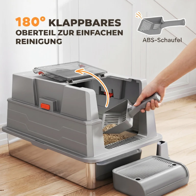 PawHut Katzenklo XXL Edelstahl Katzentoilette 130L mit 180° Klappdeckel Hohen Seitenwänden Schaufel Trittstufe 70x50x43cm Grau