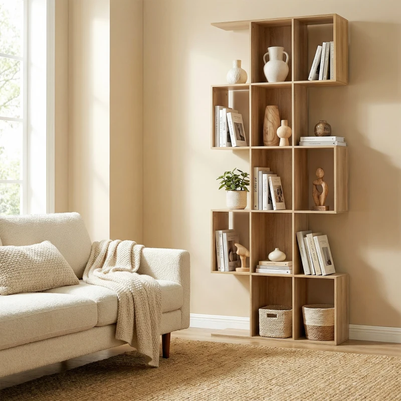 HOMCOM Bibliothèque à 5 niveaux, étagère de rangement en forme S avec 15 compartiments ouverts, 80 x 24 x 200 cm, chêne