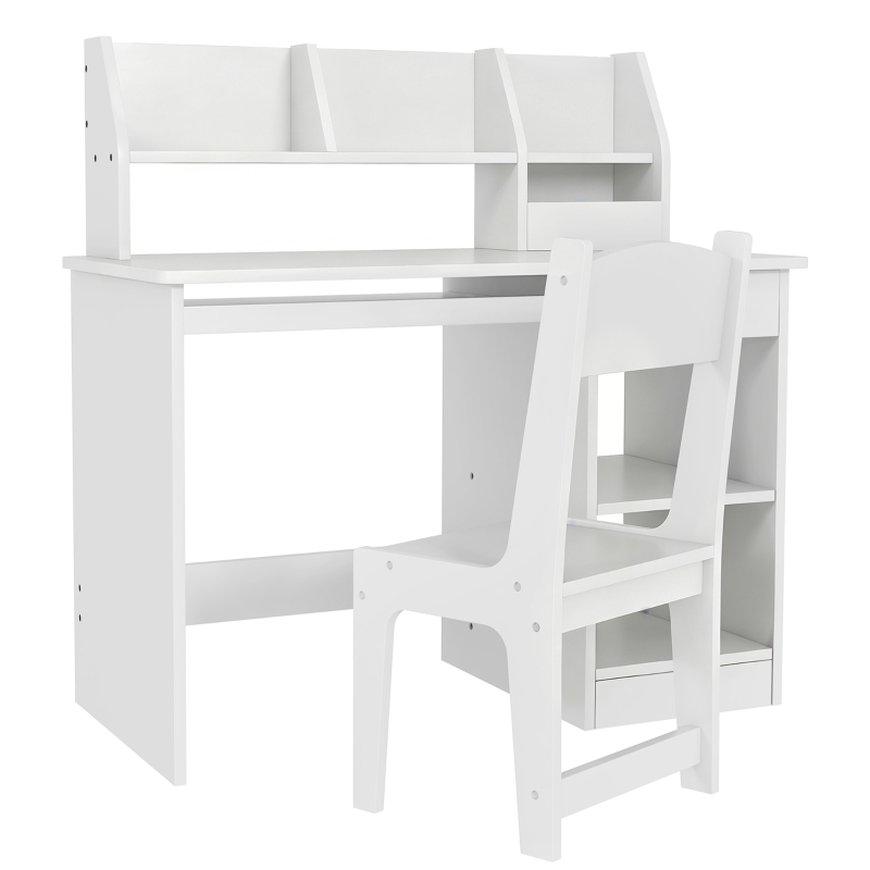 ZONEKIZ Bureau enfant avec chaise ergonomique avec clavier coulissant tiroir niches et étagères ouvertes 90 x 45 x 90 cm blanc