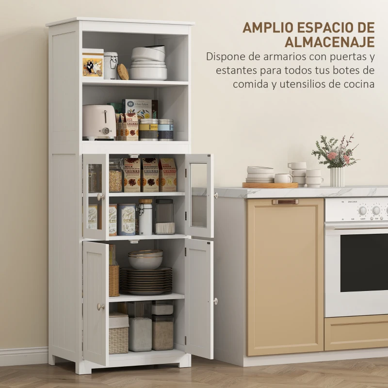 HOMCOM Aparador de Comedor Armario de Cocina con 4 Puertas 2 Estantes Abiertos y Estante Ajustable para Salón 60x30x162 cm Blanco