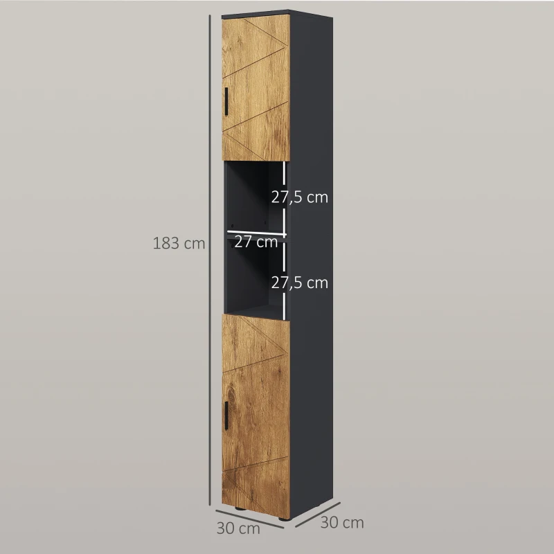 kleankin Meuble colonne armoire rangement salle de bain 2 portes étagère réglable 2 niches 30 x 30 x 183 cm chêne gris foncé