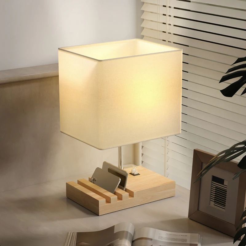 HOMCOM Bedside Lamp with USB A+C Charging Ports and 3 Phone Stands, Modern Table Lamp with Solid Wood Base and Fabric Shade for Bedroom Living Room Office, E27 Socket, Bulb Not Included, White