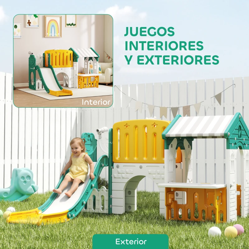 AIYAPLAY Tobogán Infantil 7 en 1 con Caseta Escalera Aro de Baloncesto Túnel Pizarra Telescopio para Interior Amarillo y Verde