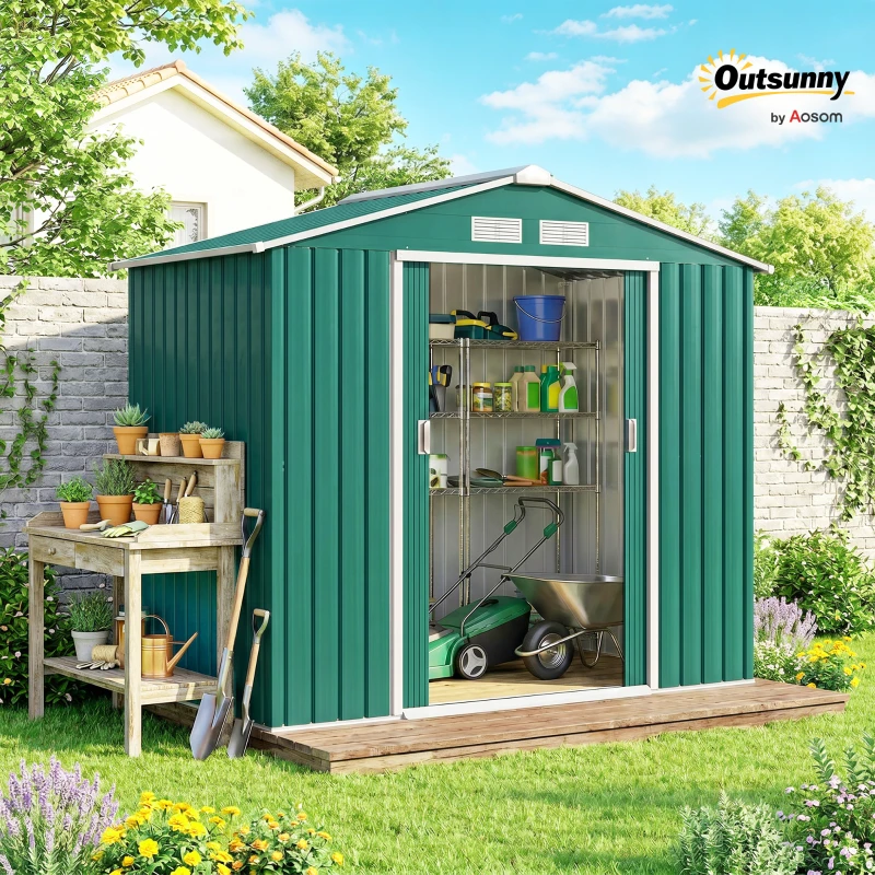 Outsunny 7ft x 4ft Lockable Garden Shed Large Patio Roofed Tool Metal Storage Building Foundation Sheds Box Outdoor Furniture, Green