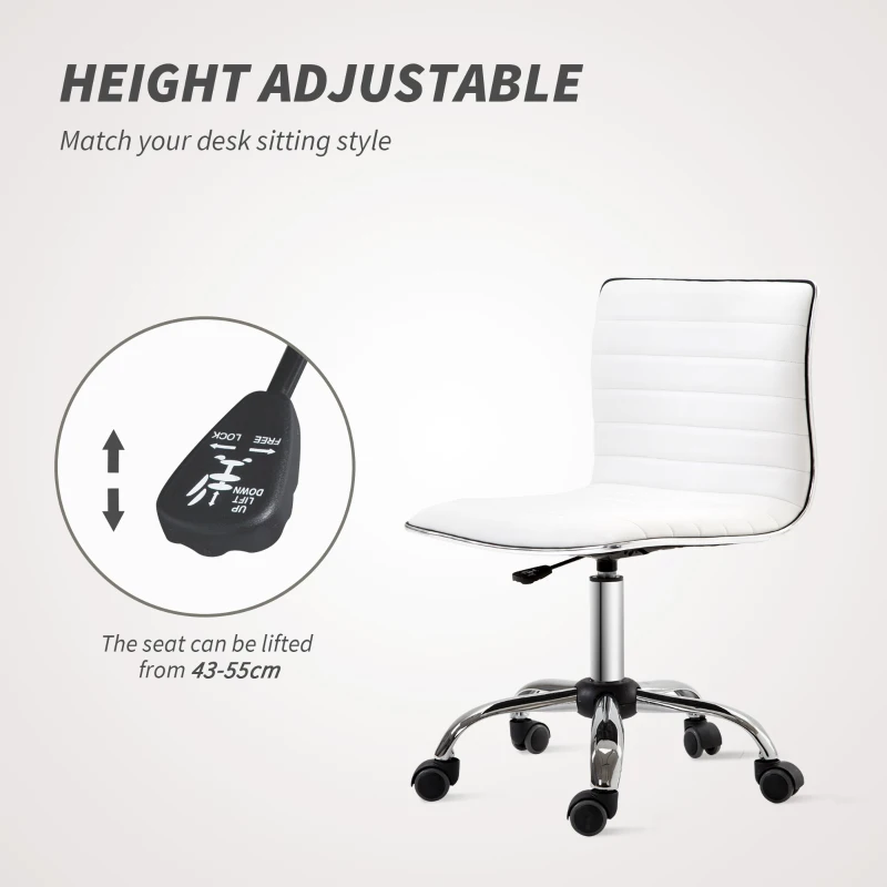 HOMCOM Mid-Back Swivel Office Chair, Adjustable Armless Desk Chair in PU Leather and Chrome Base, White