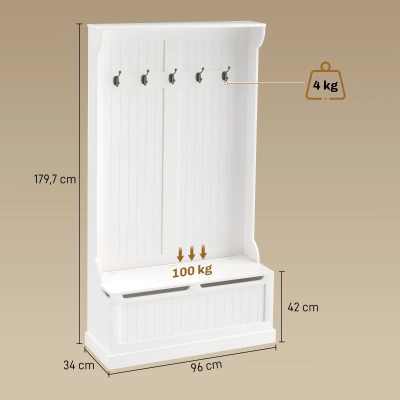HOMCOM Meuble d'entrée avec banc porte manteaux 3 en 1 5 crochets banc de rangement pour salon couloir 96 x 34 x 179,7 cm crème