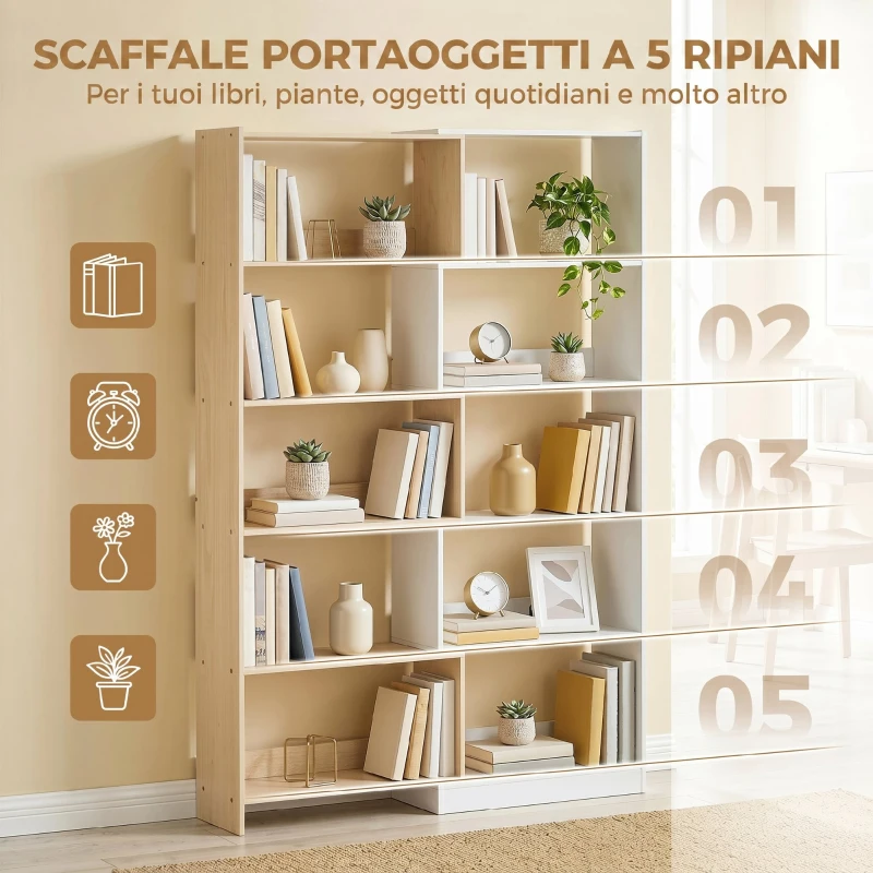 HOMCOM Libreria Angolare a 5 Ripiani dal Design Modulabile e Salvaspazio, in Legno, 67x67x163.7 cm, Multicolore