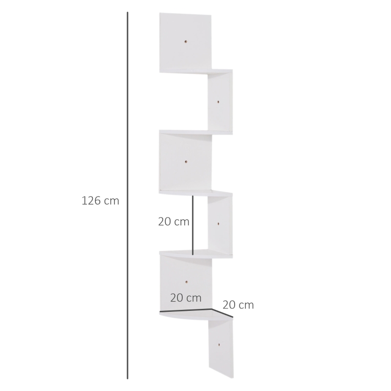 HOMCOM Estante de Canto de Parede em Forma de Zigzag 20L x 20l x 126H cm 5 Níveis Madeira Branca