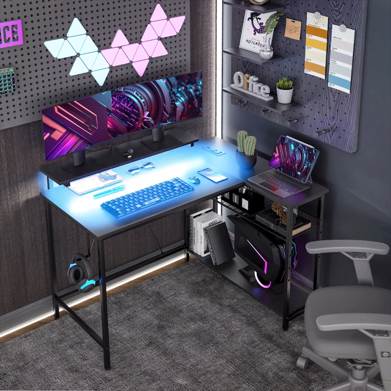 HOMCOM Bureau d'angle réversible, bureau d'ordinateur avec LED, 2 prises et 2 ports USB et panier réglable, 107x80x90cm, noir