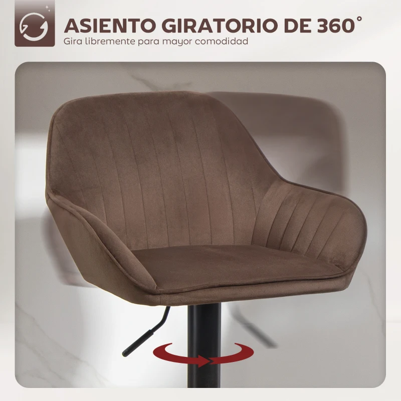HOMCOM Juego de 2 Taburetes de Bar Giratorios Altura Ajustable 62-83 cm Tapizada en Terciopelo Respaldo y Reposapiés Marrón