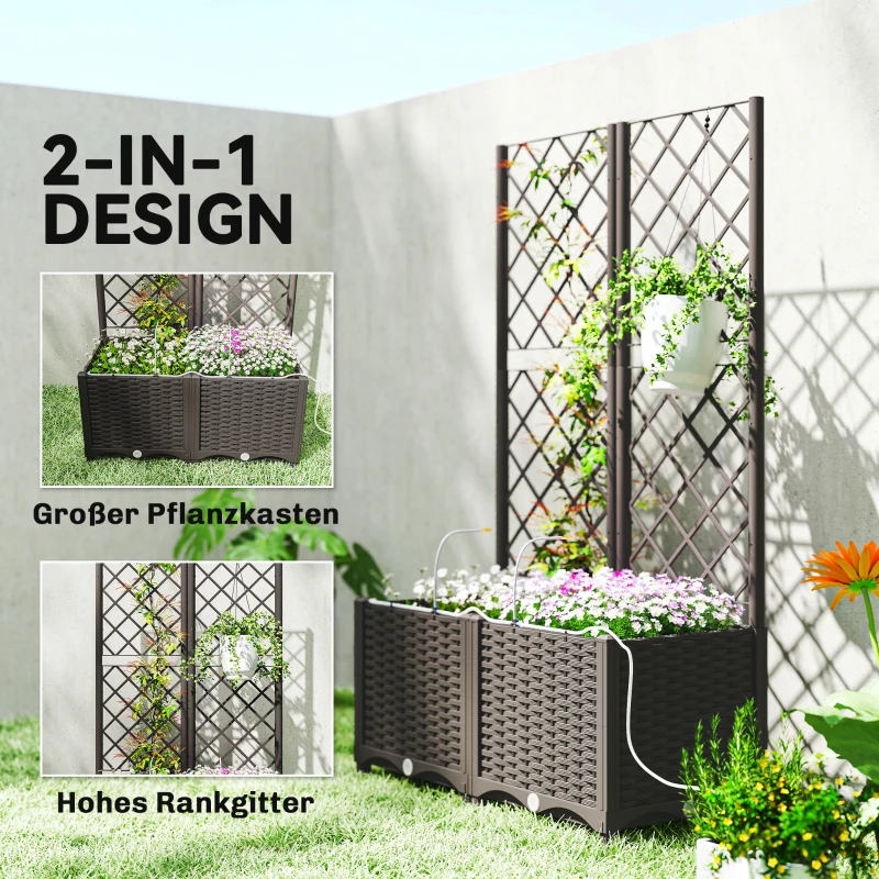 Outsunny Set van 2 Spalier met bloembak Bloembak met drainagegat Timer bewateringssysteem 80 x 40 x 136 cm Bruin