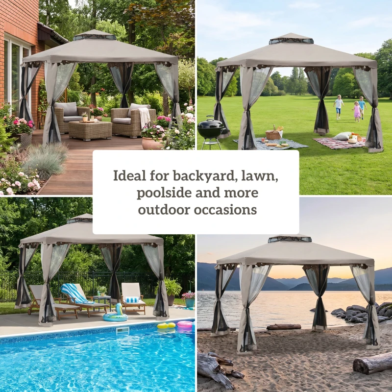 Outsunny Outdoor Gazebo, 2-tier Roof with Netting for Garden Patio, 295L x 295W x 263Hcm, Taupe