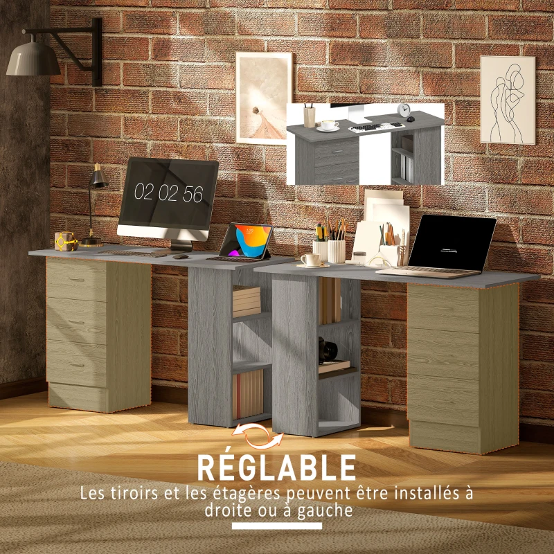 HOMCOM Bureau d'ordinateur réversible, table informatique avec 3 tiroirs et 3 étagères ouvertes, 120 x 49 x 72 cm, gris