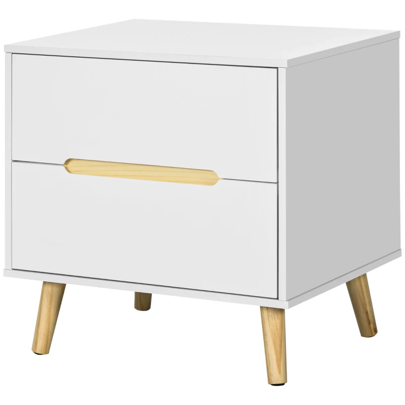 HOMCOM Mesita de Noche con 2 Cajones y Patas de Madera Mesilla de Noche Estilo Moderno 50x40x50,5 cm Blanco