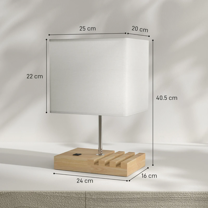 HOMCOM Bedside Lamp with USB A+C Charging Ports and 3 Phone Stands, Modern Table Lamp with Solid Wood Base and Fabric Shade for Bedroom Living Room Office, E27 Socket, Bulb Not Included, White