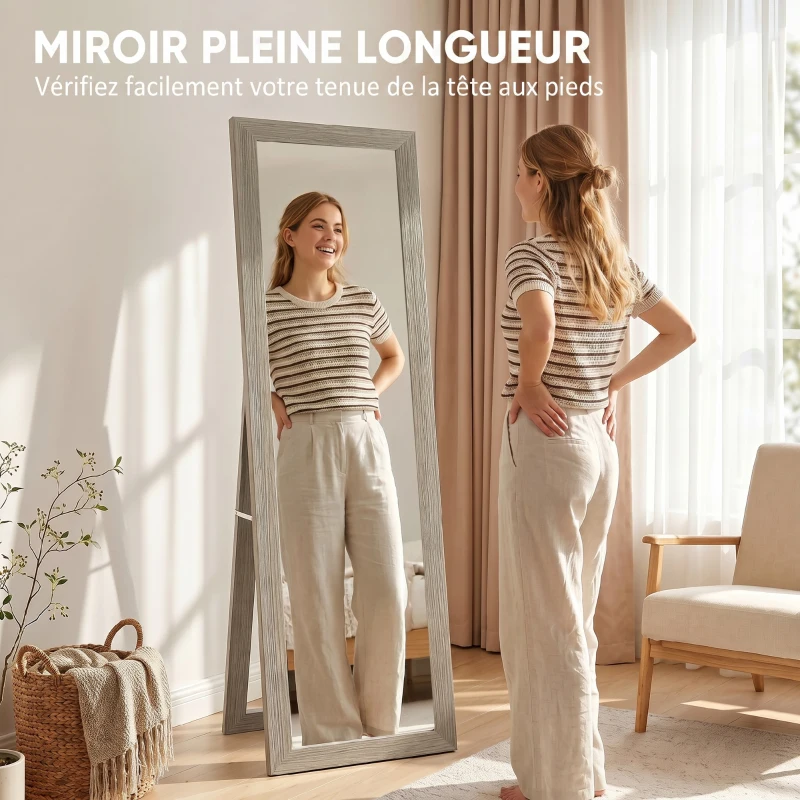 HOMCOM Miroir sur pied mural ou à poser rectangulaire avec cadre en bois pour salon chambre à coucher 37 x 155 cm gris