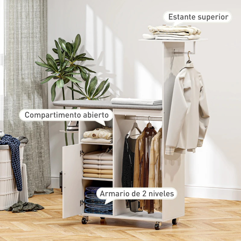 HOMCOM Estación de Planchado con Ruedas Barra para Ropa Tabla de Planchar 127,5x43,5x153 cm Blanco