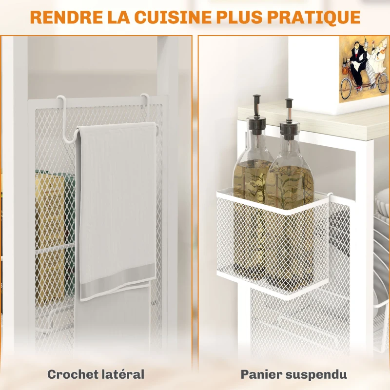 HOMCOM Desserte de cuisine à roulettes, chariot de rangement 3 panier, 1 panier suspendu et crochets, 58 x 18,5 x 87 cm, blanc