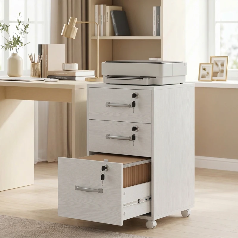 HOMCOM Caisson de Bureau Mobile avec 3 Tiroirs Verrouillables, Caisson de Rangement sur Roulettes, 40 x 40 x 69,5 cm, Blanc