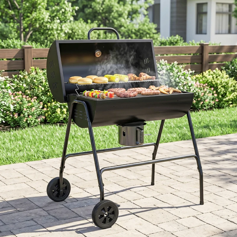 Outsunny Barbecue au charbon de bois BBQ avec couvercle, grille et thermomètre, avec roues, poignée, 95 x 71,5 x 102 cm, noir