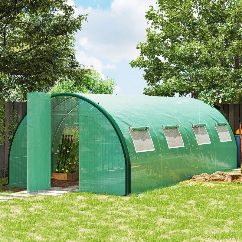 Outsunny Estufa de jardim túnel estufas túnel 18 m² 8 janelas 2 portas articuladas lona PE estrutura em aço galvanizado verde
