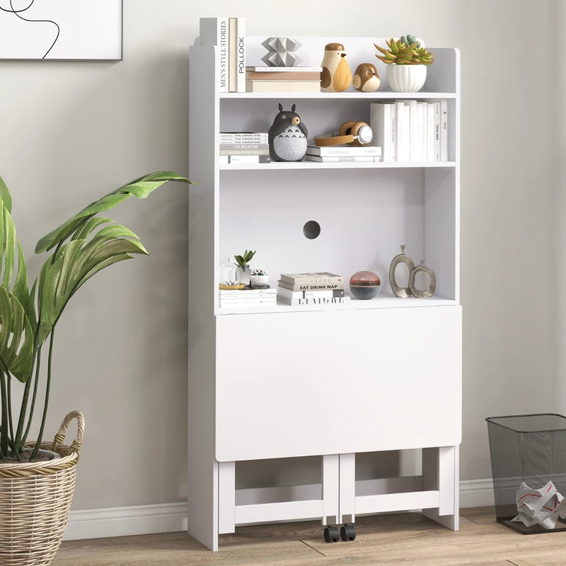 HOMCOM Bureau informatique avec étagères de rangement plateau rabattable 2 roulettes pour chambre salon 80 x 69 x 155 cm blanc