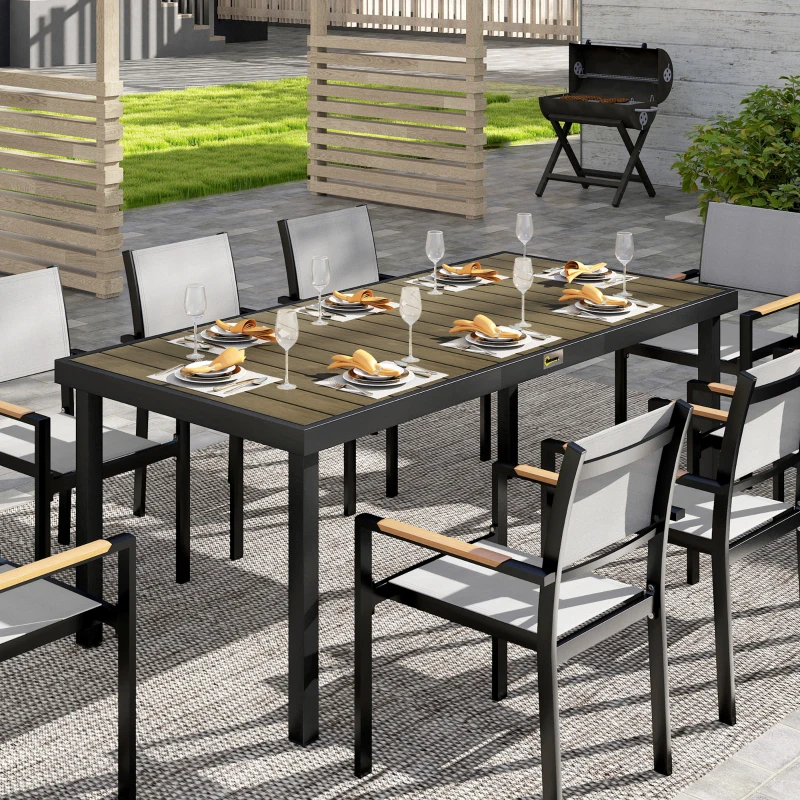 Outsunny Tavolo da Pranzo da Giardino per 8 Persone in Alluminio e Plastica, Legno Scuro e Nero