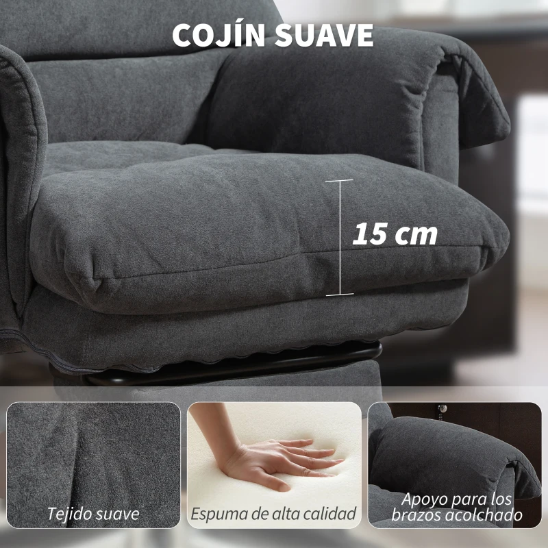 HOMCOM Silla de Escritorio con Reposapiés Respaldo Reclinable y Alto Asiento y Reposabrazos Anchos Acolchado Grueso Gris Oscuro
