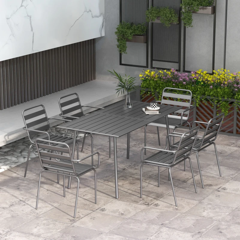 Outsunny Conjunto de jardim sala de jantar 7 peças com 1 mesa e 6 cadeiras empilháveis em aço cinzento escuro