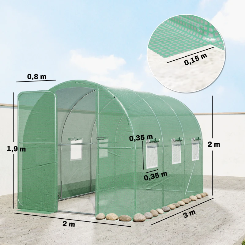 Outsunny Serre tunnel de jardin 6m², serre de jardin tunnel 200x300x200cm porte et 6 fenêtres, bâche PE 140 g/m² vert