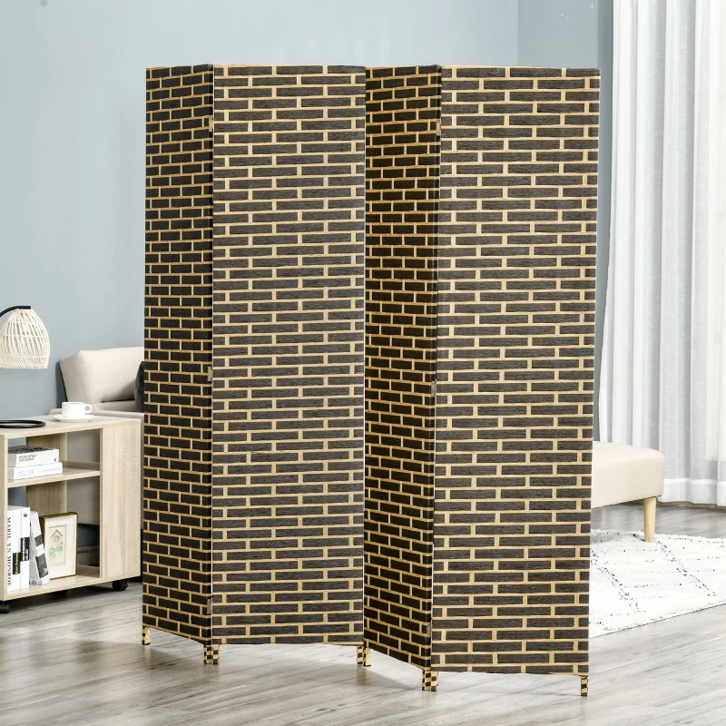 HOMCOM Biombo interior 4 Painéis Dobráveis 180L x 180H cm separador de ambientes Madeira de choupo Fibras de papel trançado Chocolate Palha