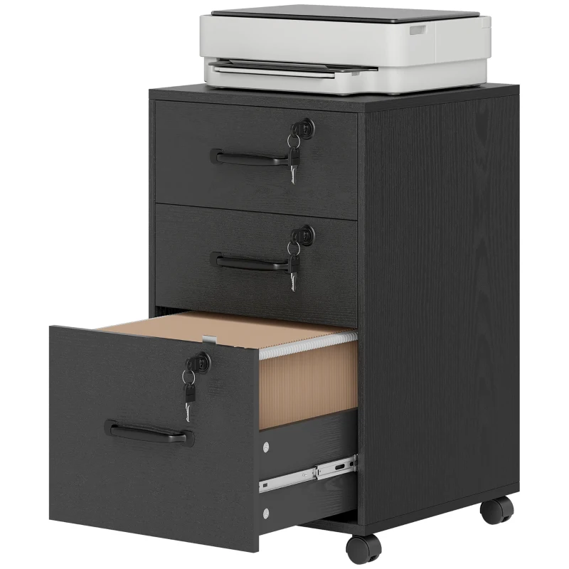 HOMCOM Caisson de Bureau Mobile avec 3 Tiroirs Verrouillables, Caisson de Rangement sur Roulettes, 40 x 40 x 69,5 cm, Noir
