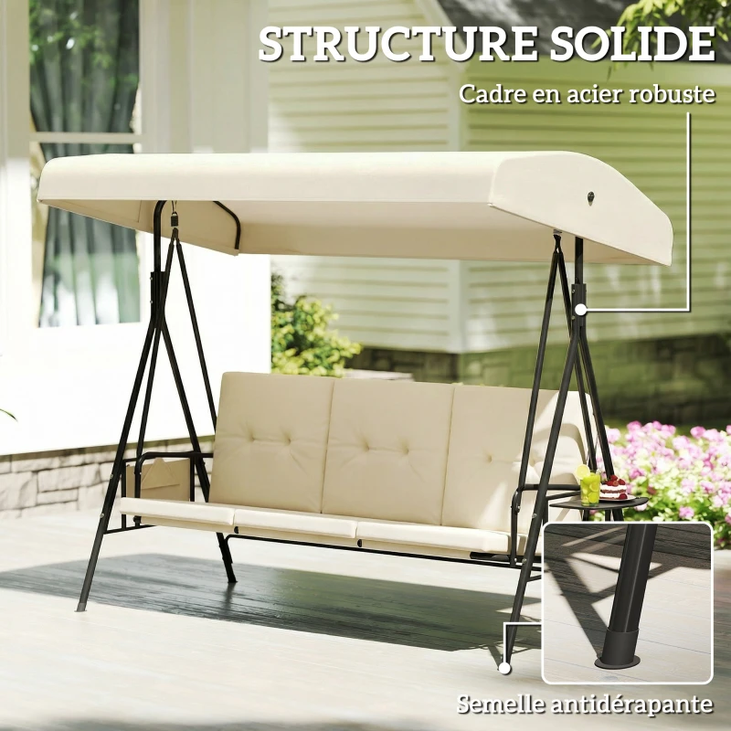 Outsunny Balancelle de jardin 3 places grand confort inclinaison toit réglable, 2 tablettes latérales, coussins, acier polyester