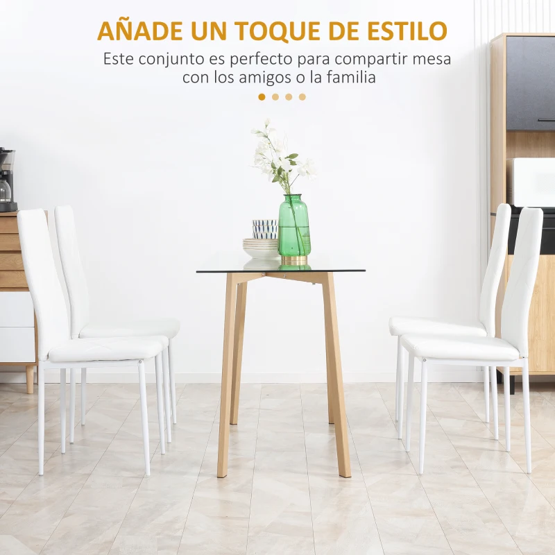 HOMCOM Set de 4 Sillas de Comedor Tapizadas de Piel Sintética con Respaldo Alto y Patas de Acero 41x50x97 cm Blanco