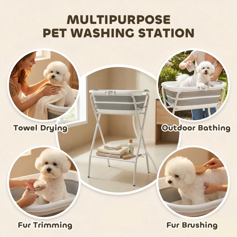 PawHut Dog Bath Tub, Portable Foldable Dog Bathtub with Stand, Drainage Hole, for Small Dogs Puppies Grey