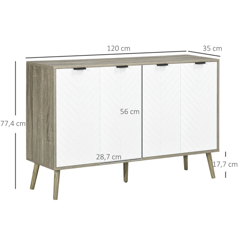 HOMCOM Buffet baixo móvel de arrumação 2 armários 4 portas padrão chevrons prateleiras ajustáveis 120 x 35 x 77,4 cm branco e cinza